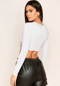 Luna Grey Slinky Twist Front Long Sleeve Crop Top^Missy Empire Flash Sale