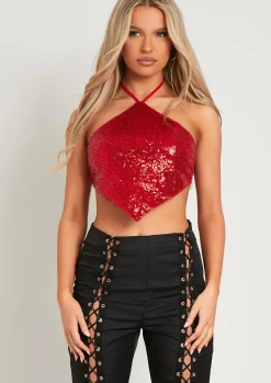 Luna Red Sequin Halter Neck Tie Top^Missy Empire Discount
