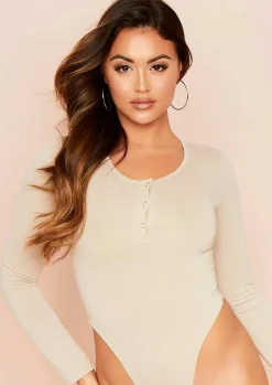 Luz Beige Long Sleeve Popper Bodysuit^Missy Empire Flash Sale
