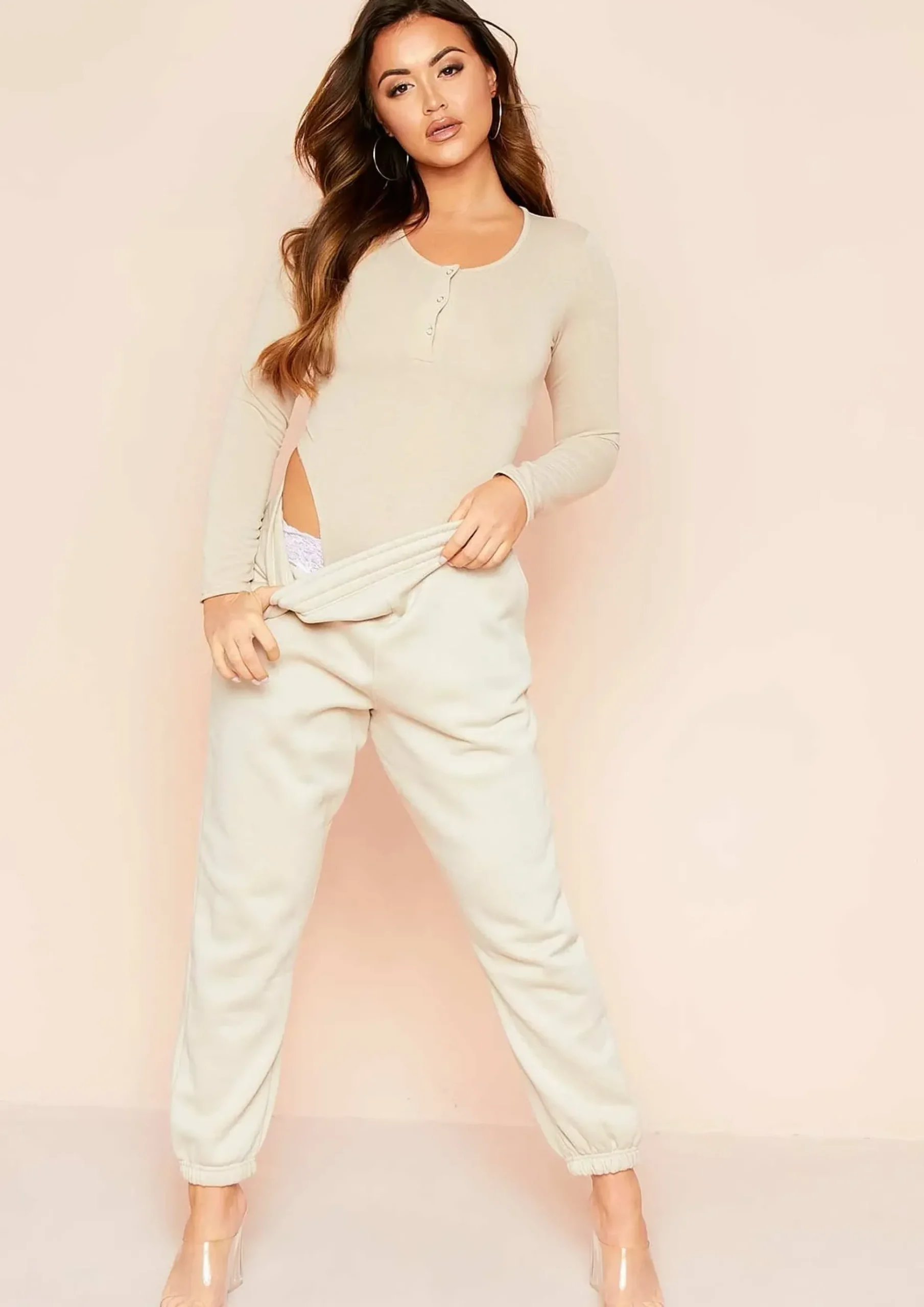 Luz Beige Long Sleeve Popper Bodysuit^Missy Empire Flash Sale