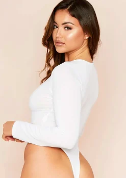 Luz White Long Sleeve Popper Bodysuit^Missy Empire Online