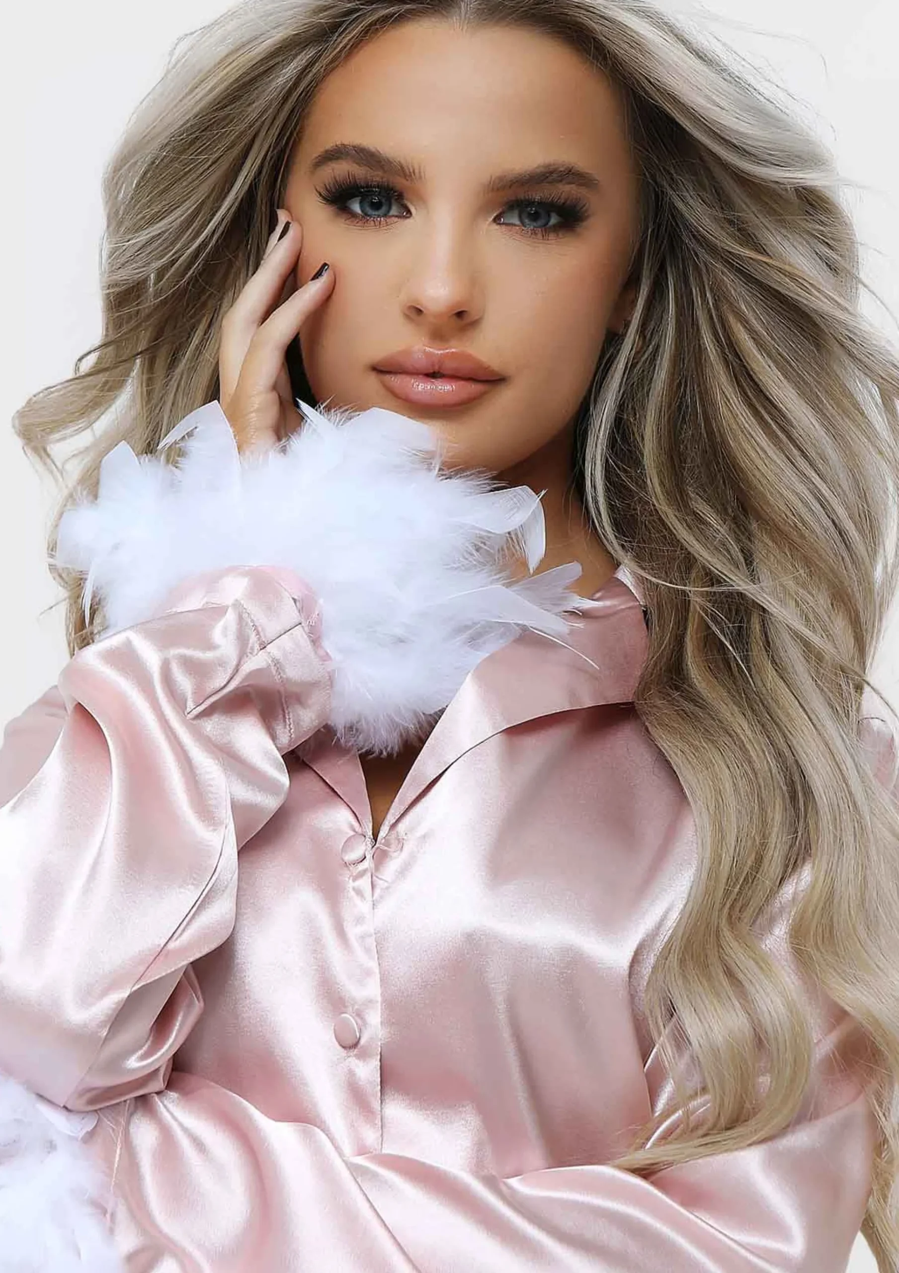 Best Lydia Blush Feather Hem Satin Pyjama Set Women Nightwear