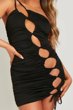 Hot Lydia Black One Shoulder Cut Out Ruched Tie Mini Dress Women Dresses