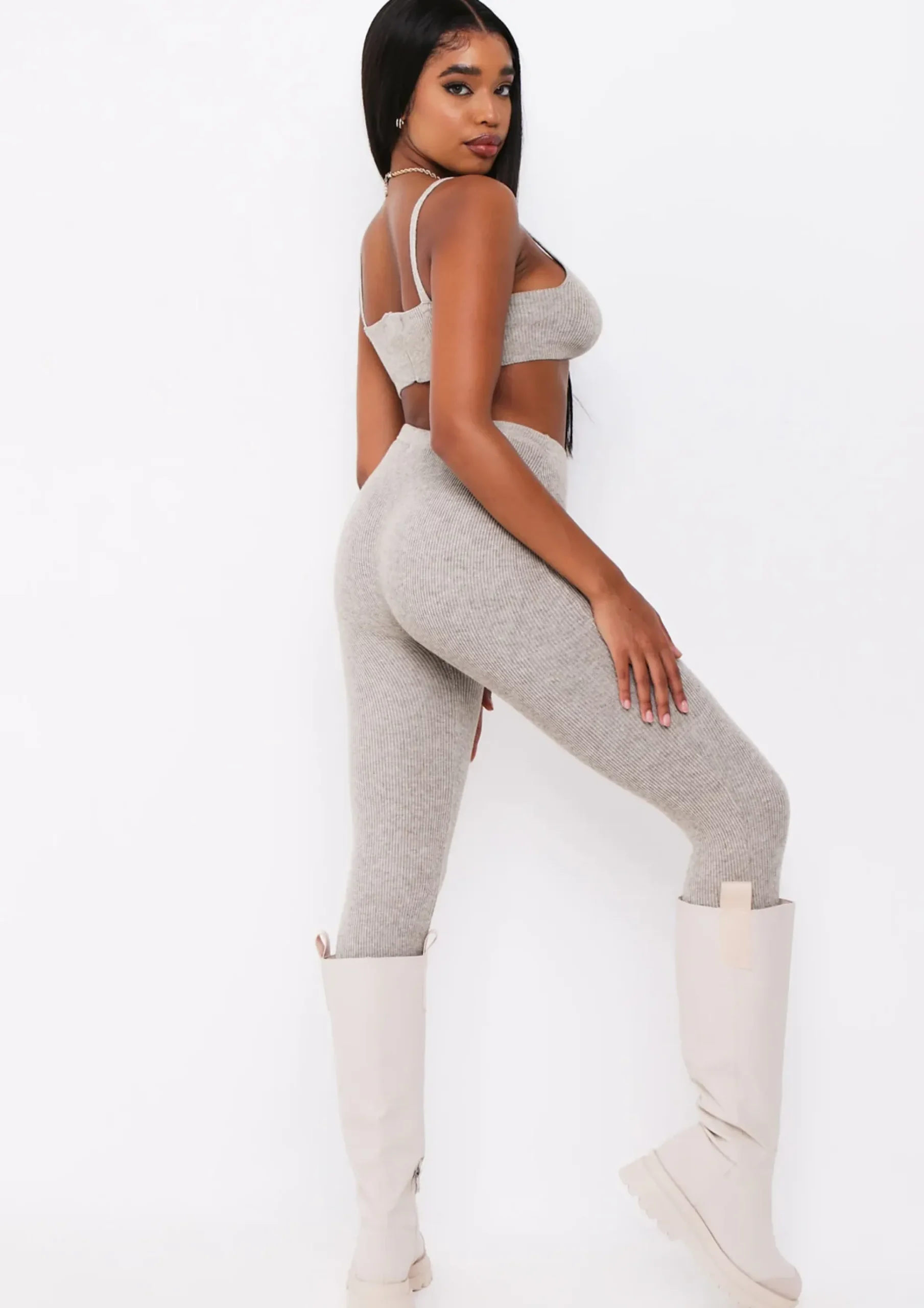 Cheap Lyla Oatmeal Knitted Ribbed Leggings Women Loungewear