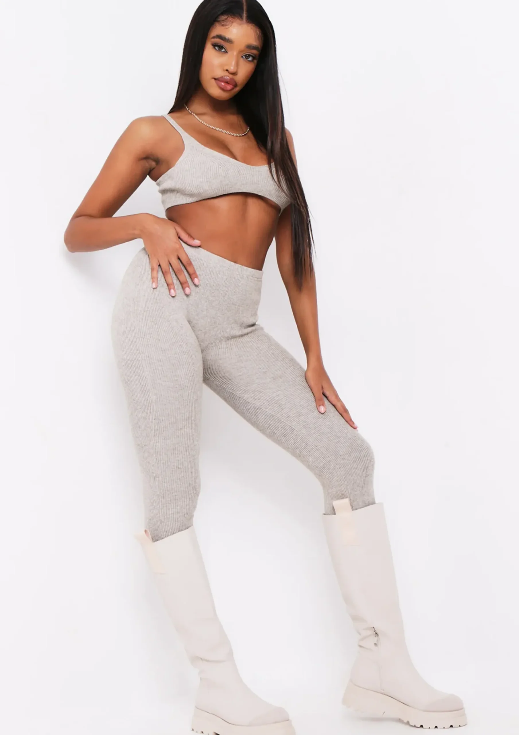 Cheap Lyla Oatmeal Knitted Ribbed Leggings Women Loungewear