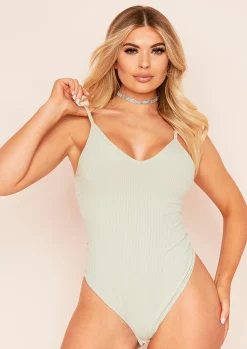 Lyla Sage Ribbed Strappy Plunge Bodysuit^Missy Empire Clearance