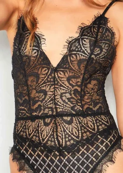 Sale Mabel Black Lace Frayed Mesh Bodysuit Women Lingerie