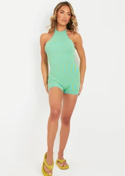 New Maci Green Jacquard Knit Tie Neck Playsuit Women Jumpsuits & Playsuits