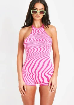 Online Maci Pink Jacquard Knit Tie Neck Playsuit Women Jumpsuits & Playsuits