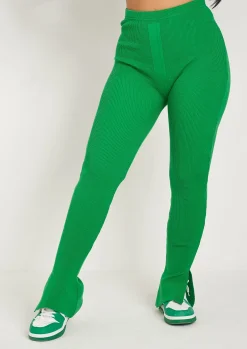 Cheap Madilyn Green Knitted Rib High Waisted Split Leggings Women Leggings