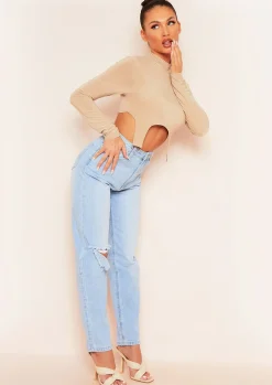 Maisy Beige Long Sleeve D Ring Slinky Crop Top^Missy Empire Best