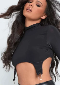 Maisy Black Long Sleeve D Ring Slinky Crop Top^Missy Empire Clearance