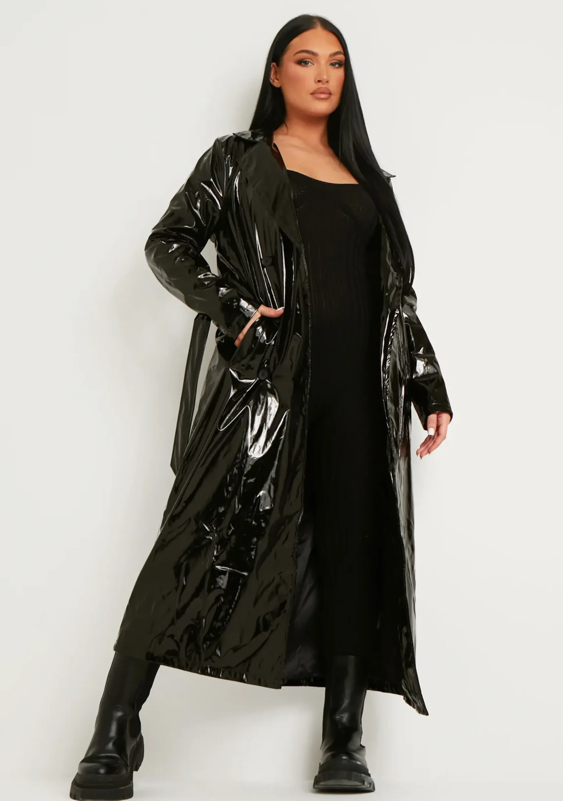 Malin Black Vinyl Faux Leather Belted Button Through Trench Coat^Missy Empire New