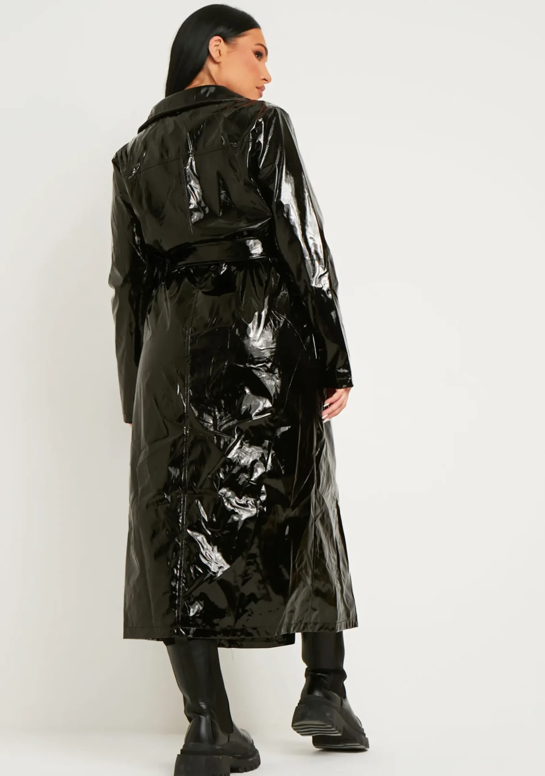 Malin Black Vinyl Faux Leather Belted Button Through Trench Coat^Missy Empire New