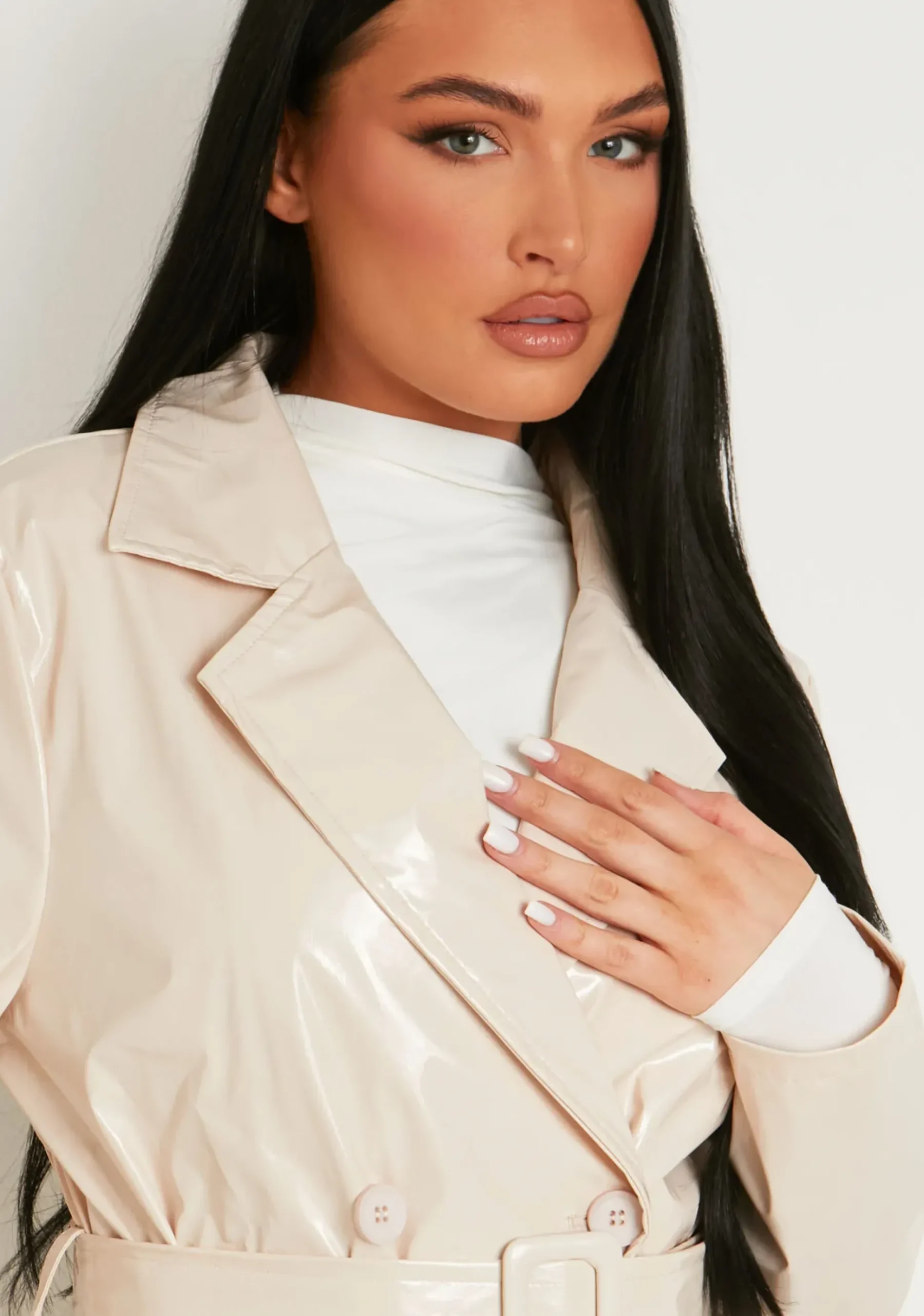 Malin Stone Vinyl Faux Leather Belted Button Through Trench Coat^Missy Empire Store