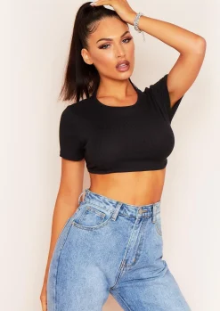 Mandy Black Tie Back Cropped Ribbed T-Shirt^Missy Empire Cheap