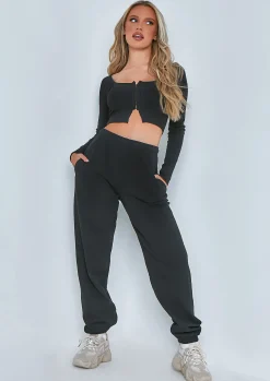Manny Black Contour Rib Cropped Hook And Eye Long Sleeve Top^Missy Empire Shop