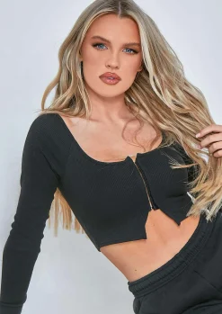 Manny Black Contour Rib Cropped Hook And Eye Long Sleeve Top^Missy Empire Shop