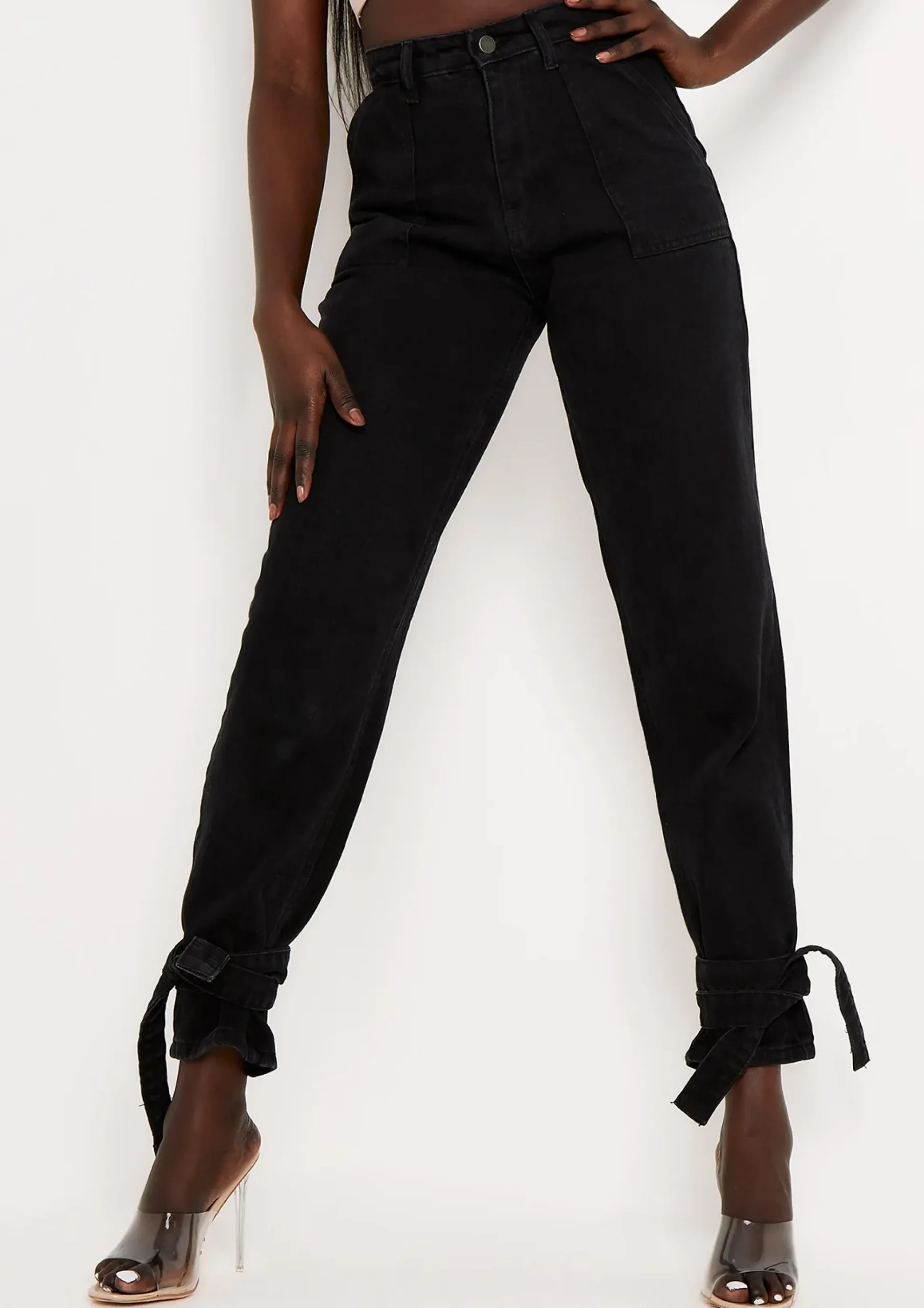 Margot Black Wash Denim Tie Ankle Mom Jeans^Missy Empire Discount