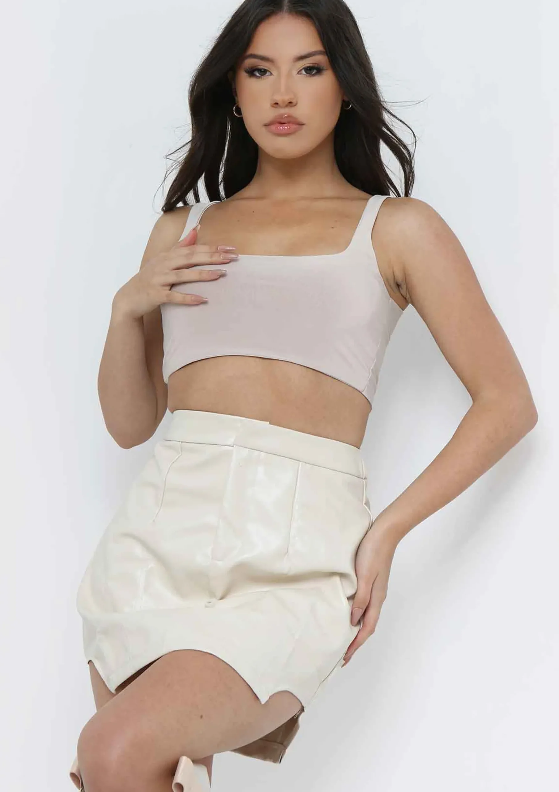 Margot Stone Faux Leather Curved Hem Cut-Out Mini Skirt^Missy Empire Cheap