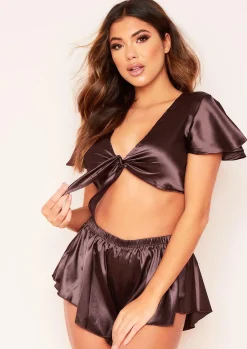 Hot Marie Chocolate Pyjama Satin Tie Crop Top Women Nightwear