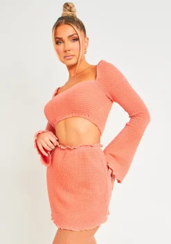 Mariss Peach Waffle Knit Lettuce Hem Square Neck Crop Top^Missy Empire Shop