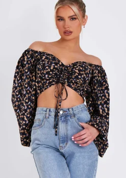 Marla Floral Print Ruched Balloon Sleeve Cropped Blouse^Missy Empire Fashion