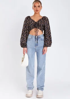 Marla Floral Print Ruched Balloon Sleeve Cropped Blouse^Missy Empire Fashion