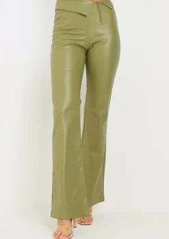 Outlet Marlowe Green Folder Over Faux Leather Flare Trouser Women Trousers