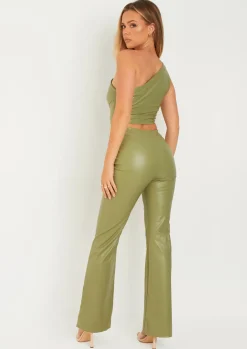 Outlet Marlowe Green Folder Over Faux Leather Flare Trouser Women Trousers