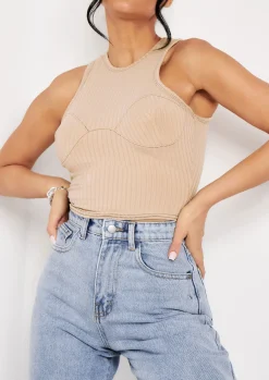 Marni Beige Contrast Stitch Cupped Racer Ribbed Crop Top^Missy Empire Fashion
