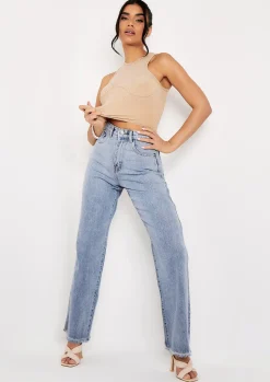 Marni Beige Contrast Stitch Cupped Racer Ribbed Crop Top^Missy Empire Fashion