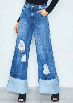 Martha Denim Wide Leg Distressed Turn Up Jeans^Missy Empire Outlet