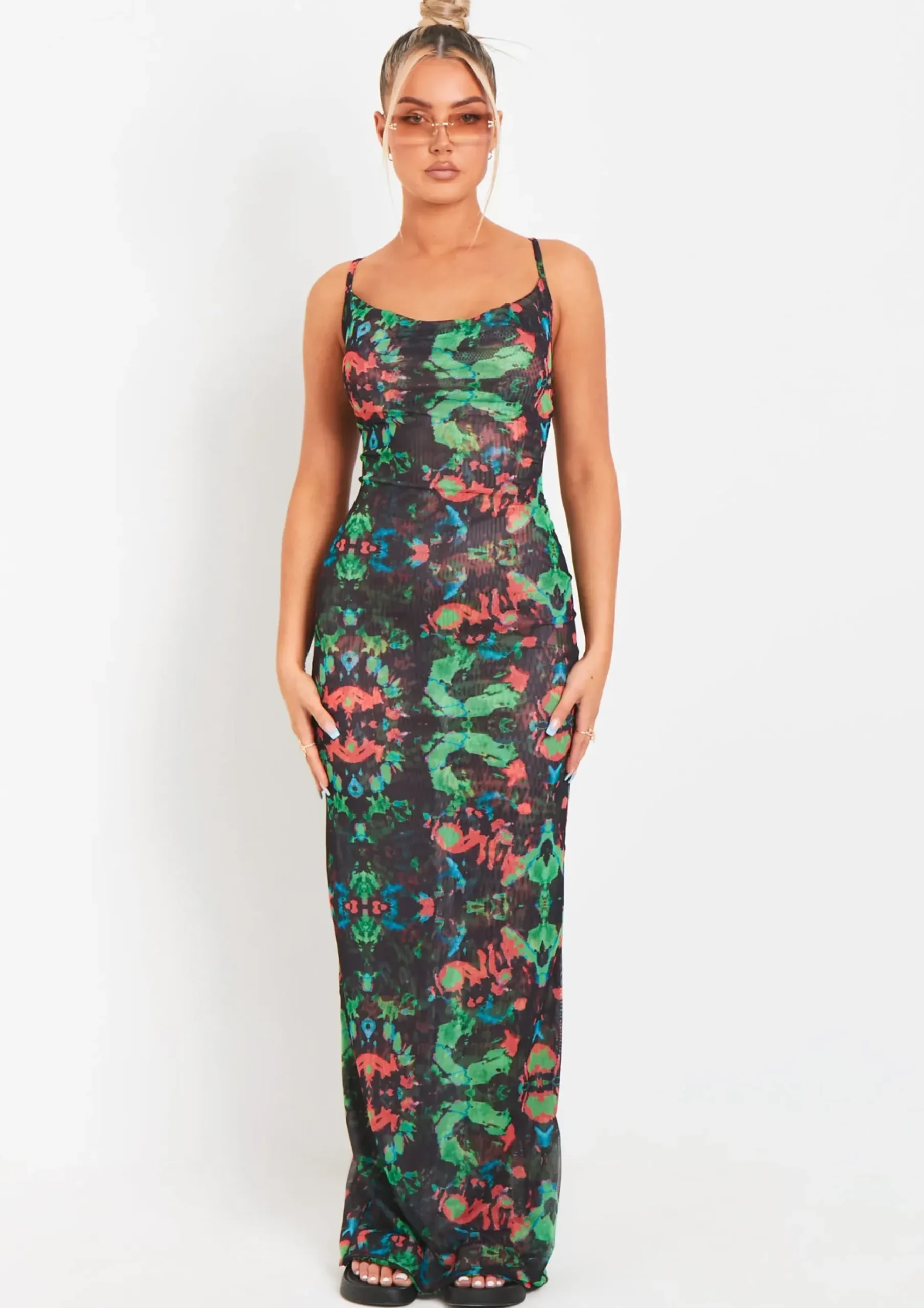 Discount Marty Black Abstract Printed Mesh Cowl Neck Maxi Dress Women Dresses