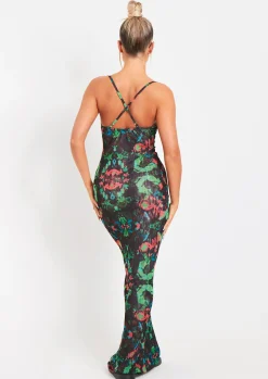 Discount Marty Black Abstract Printed Mesh Cowl Neck Maxi Dress Women Dresses