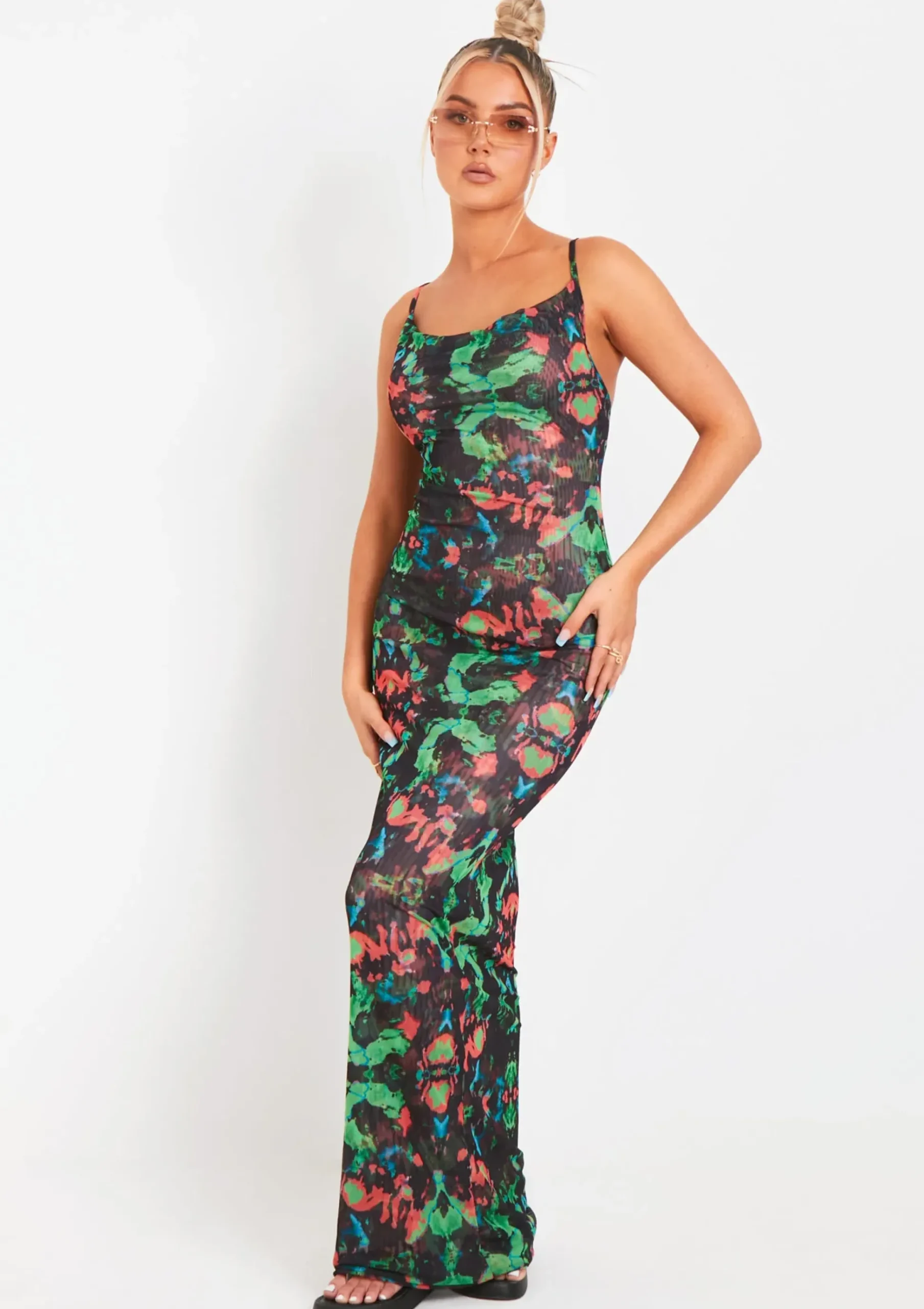 Discount Marty Black Abstract Printed Mesh Cowl Neck Maxi Dress Women Dresses