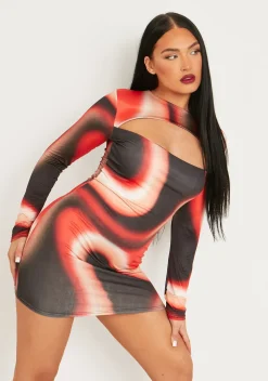 Online Maryse Red Printed Slinky Cut Out Long Sleeve Mini Dress Women Dresses
