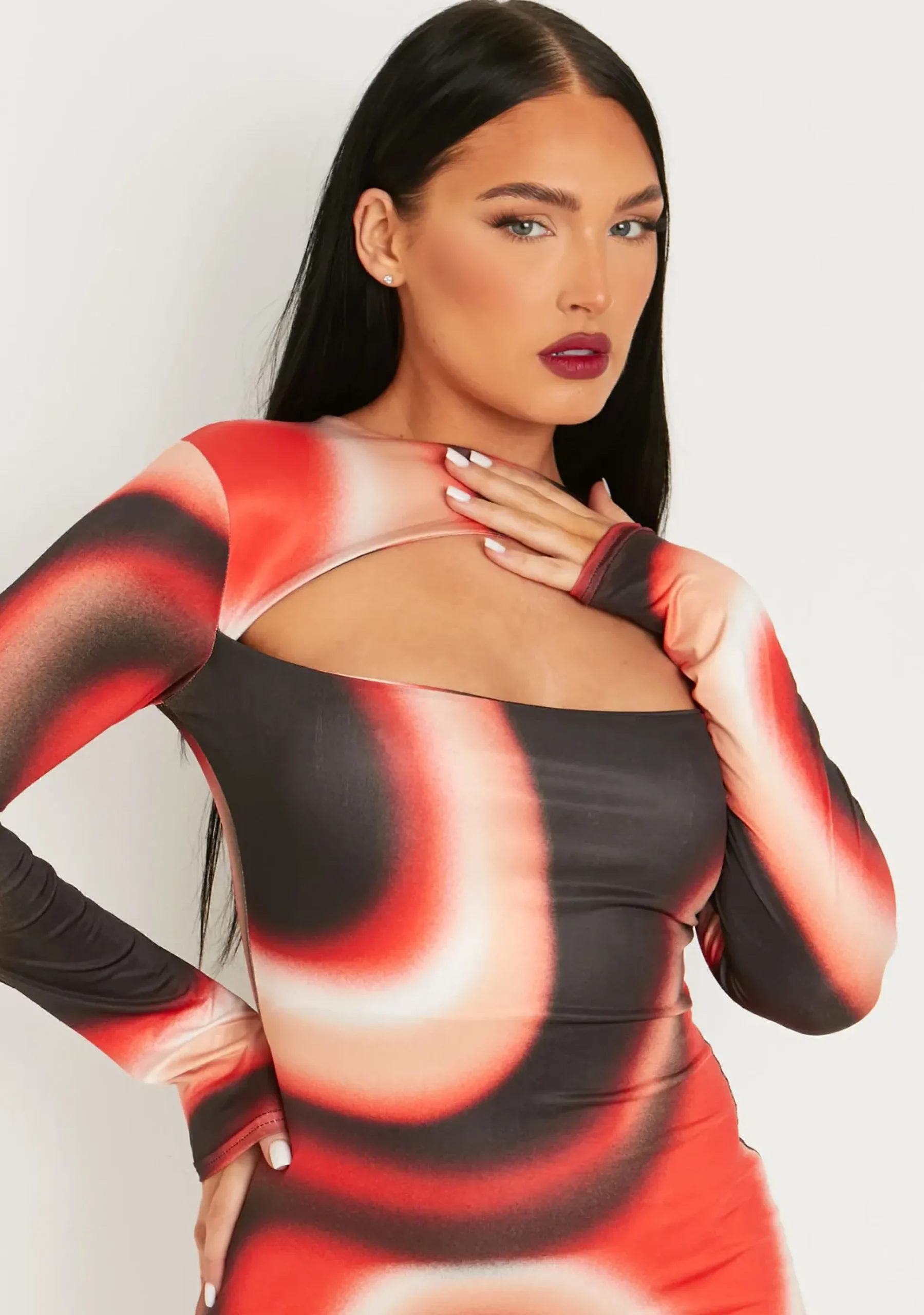 Online Maryse Red Printed Slinky Cut Out Long Sleeve Mini Dress Women Dresses