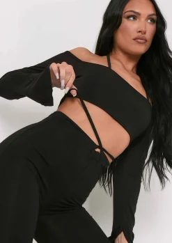 Maura Black Bardot Halterneck Strap Split Sleeve Crop Top^Missy Empire Discount
