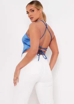 Maya Blue Satin Halterneck Pointed Crop Top^Missy Empire Online