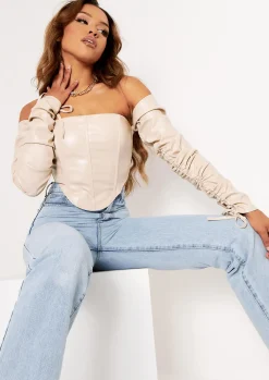 Megan Stone Ruched Arm Pu Corset Top^Missy Empire Clearance