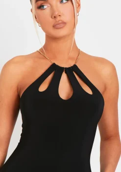 Online Meg Black Chain Neck Double Layer Mini Dress Women Dresses