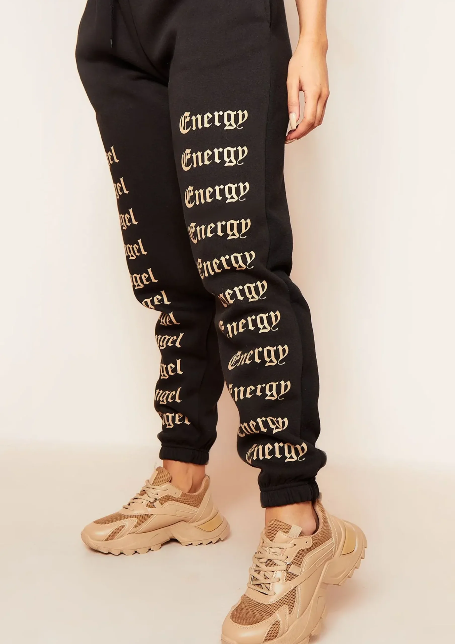 New Melila Black And Beige Angel Energy Slogan Joggers Women Loungewear
