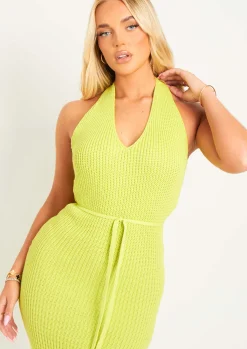 Best Melody Lime Knit Halter Neck Midi Dress Women Dresses