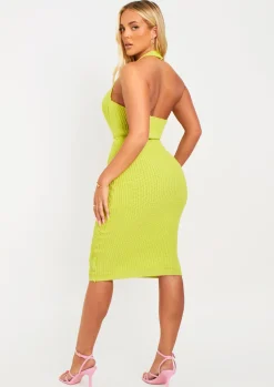 Best Melody Lime Knit Halter Neck Midi Dress Women Dresses