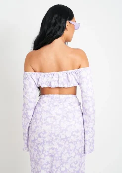 Meriah Lilac Floral Print Bardot Long Sleeve Crop Top^Missy Empire Online