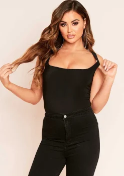 Mia Black Slinky Square Neck Sleeveless Bodysuit^Missy Empire Best Sale