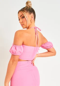 Michaela Pink Linen Tie Front Halter Neck Crop Top^Missy Empire Shop