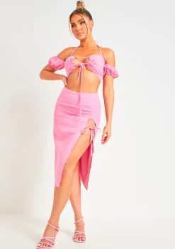 Michaela Pink Linen Tie Front Halter Neck Crop Top^Missy Empire Shop
