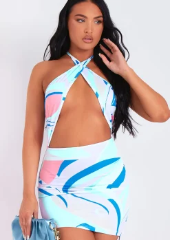 New Mila Blue Halter Neck Cross Over Side Ruched Mini Dress Women Dresses